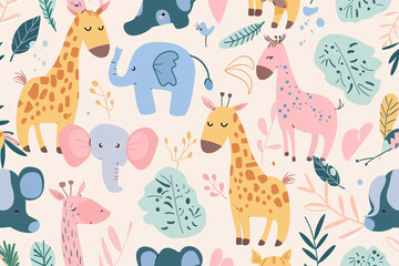 Pattern of adorable animal illustrations with giraffes, elephants, and plants