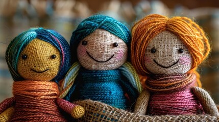 Handcrafted wool dolls displayed together, showcasing vibrant colors and intricate knitting, perfect for artisanal and cozy-themed decor.