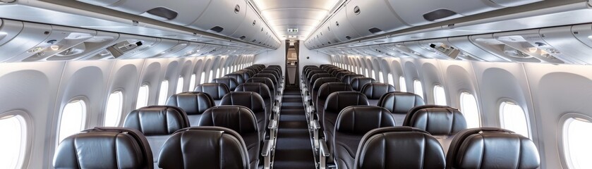The clean and orderly arrangement of seats along the aisle in an airplane cabin, highlighting the quiet atmosphere before takeoff