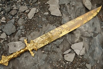 Weathered golden sword with intricate designs lies amidst a bed of rocks and pebbles