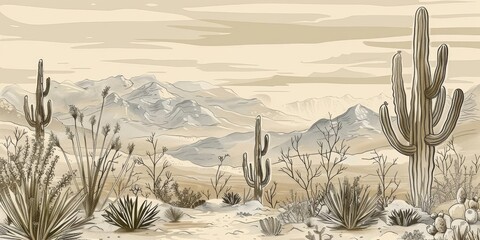 Old-style illustration of a desert landscape with cacti in 4K UHD.