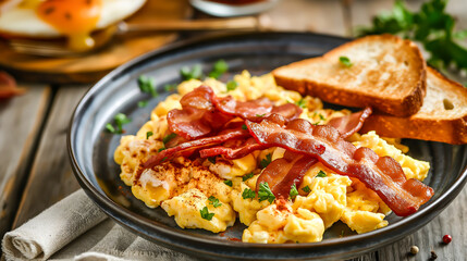 Homemade american scrambled egg breakfast with bacon and toast