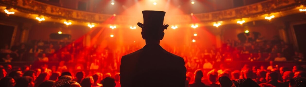 Vintage Showman A silhouetted performer in a top hat overlooks a crowd bathed in the warm glow of red and gold stage lights, capturing the oldworld charm of vaudeville