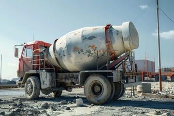 The truck is in sharp focus against the backdrop of a busy building site.