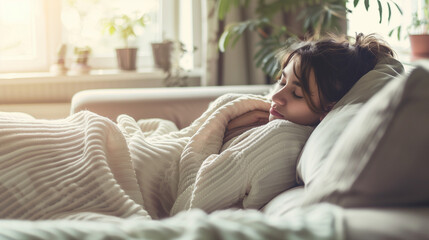 Young Woman Sleeping Peacefully on Sun-Drenched Sofa | Relaxation and Serenity at Home