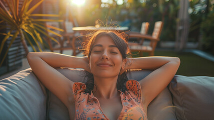 Young Joyful Brunette  Woman Laying Back and Arms Behind Her Head and Looking Up, Tropical Outdoor Patio Sofa, Natural Day Light of Summer