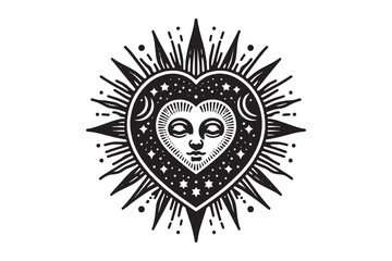 Sunny heart. The sun is inside the heart. Bright love. Isoteric, occult, magical vector illustration. vintage black engraving, emblem, logo. tattoo sketch, print