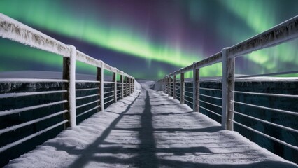 Obraz premium A frost-covered bridge over a precipice, the aurora borealis overhead casts deep shadows on the icy path.