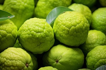 Obraz premium close up of guava fruit and water drops, generative ai