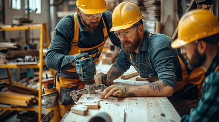 A group of skilled professionals working together on a project in the trade industry, showcasing craftsmanship and dedication. Generative AI.