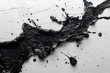 Detailed view of black paint splattered messily across a clean, white background