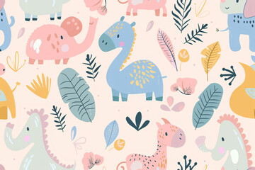 Obraz premium cute pattern featuring various cartoon animals such as elephants giraffes and plants in pastel colors