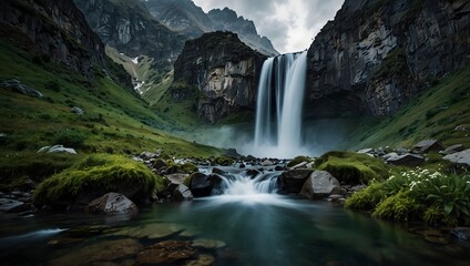 Fototapeta premium The surreal beauty of a cascading waterfall nestled within the heart of a rugged mountain range ai_generated