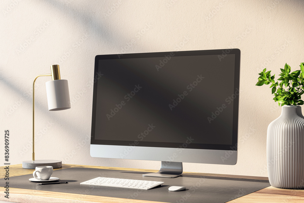 Poster Blank computer screen on desk with lamp and plant, modern workspace concept, light background. 3D Rendering