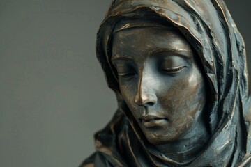 Detailed view of a serene bronze sculpture depicting the virgin mary with a sorrowful expression