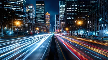 Fototapeta premium A long exposure photo of city streets at night, with light trails from cars and traffic lights streaking past the camera. creating an urban landscape.