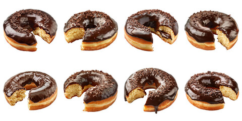 Obraz premium Set of Donut With Chocolate Frosting And Biting Mark isolated on transparent png background collection set . Generative ai