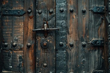 Closeup of an antique wooden door with wrought iron hardware