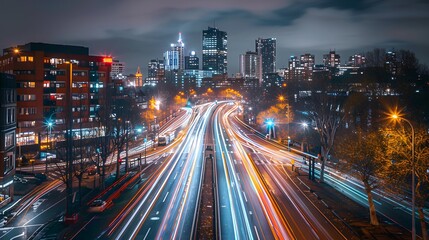 A long exposure photo of city streets at night, with light trails from cars and traffic lights streaking past the camera. creating an urban landscape.