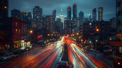 A long exposure photo of city streets at night, with light trails from cars and traffic lights streaking past the camera. creating an urban landscape.
