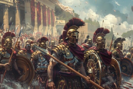 Digital illustration of roman legionaries in armor, ready for combat, with a classical city backdrop