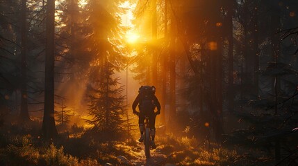 Fototapeta premium A mountain biker is riding through the forest at sunrise, with tall trees and dappled sunlight creating an atmospheric scene. adventure in nature.