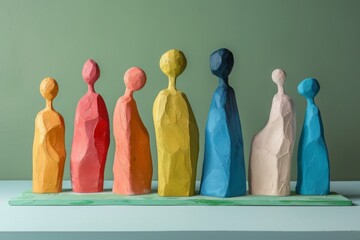 Colorful abstract wooden sculptures of people standing in a row against a green background.