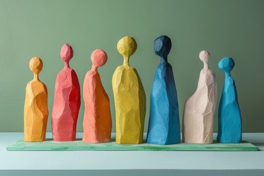 Colorful abstract wooden sculptures of people standing in a row against a green background. - Powered by Adobe