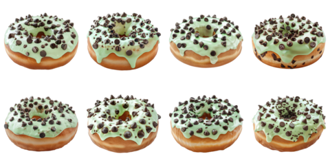 Set of Donut With Mint Frosting And Chocolate Chips isolated on transparent png background collection set . Generative ai
