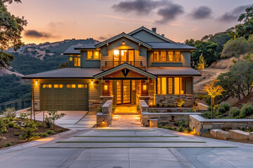 Fototapeta premium Luxurious Craftsman Style New Construction Mint Green House with Sleek, Modern Design in a Serene Hilltop Setting