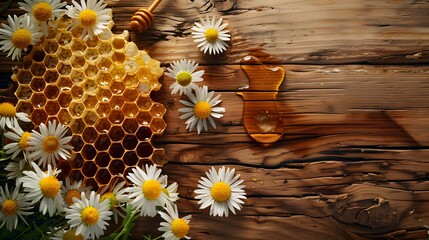 A honeycomb with fresh flowers on a wooden table, representing a natural organic product concept. creating an atmosphere that radiates warmth and charm. - Powered by Adobe