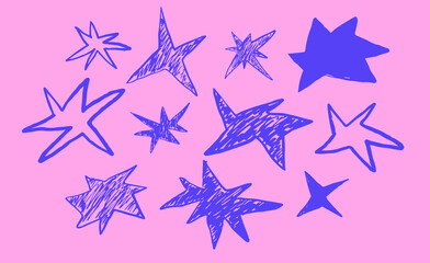 Obraz premium Abstract pink background with drawing stars shape. Spiked Grunge charcoal scrawl stars. Freehand crayon pencil starry elements.