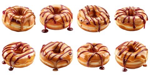 Set of Donut With Peanut Butter Glaze And Jelly Drizzle isolated on transparent png background collection set . Generative ai