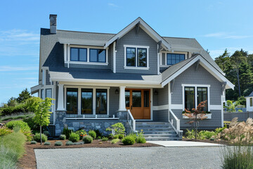 Minimalist Craftsman Style New Construction Ash Gray House with Simple, Elegant Design in a Coastal Environment
