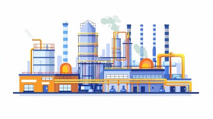 Obraz premium Illustration of an industrial factory with smokestacks and machinery against a white background, showcasing a modern manufacturing facility.
