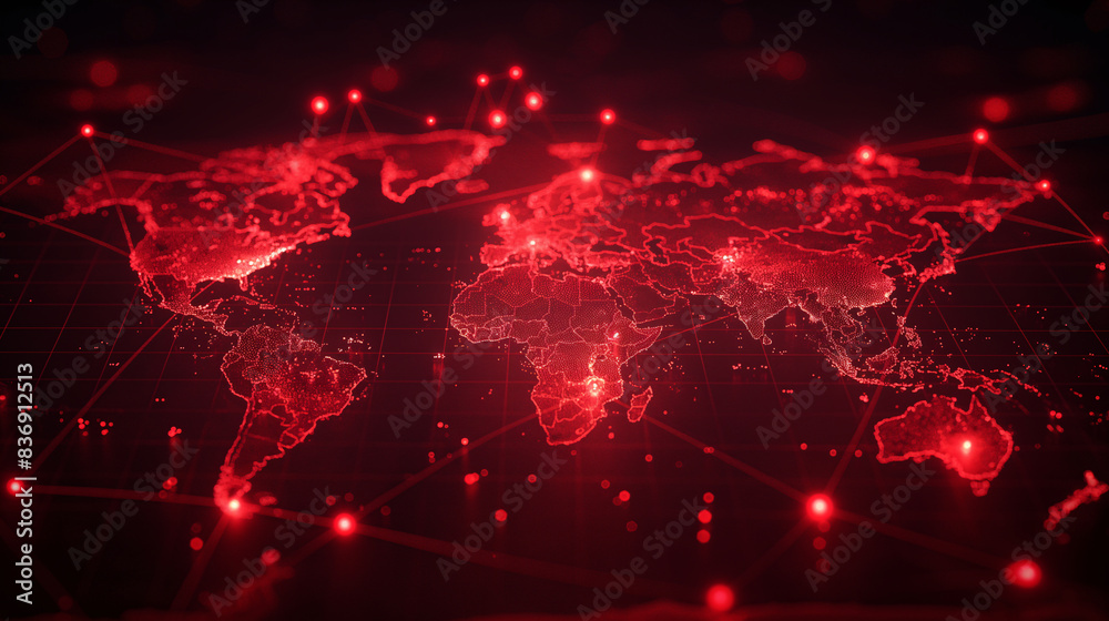 Wall mural explore the red world map adorned with a captivating glow of the global network light.