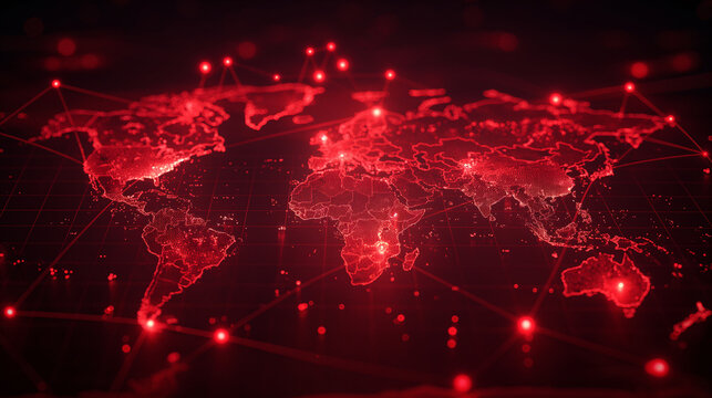 Fototapeta Explore the red world map adorned with a captivating glow of the global network light. 