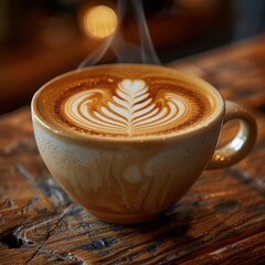 cup should be filled with freshly brewed coffee, featuring intricate latte art on the surface, such as a leaf or heart design.