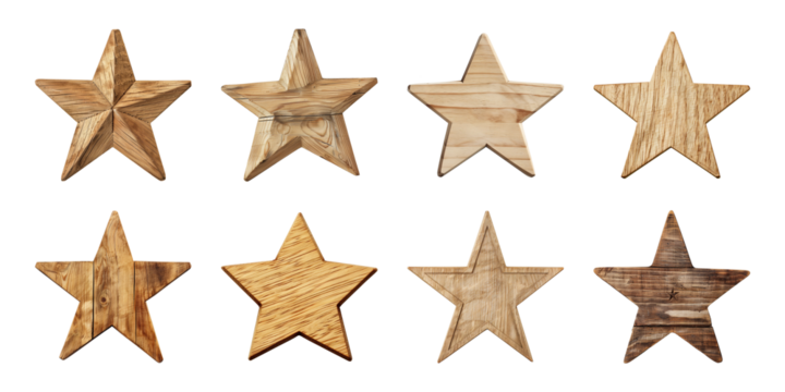 Collection star shapes blank wooden sign board wood on a transparent background, cut out, PNG