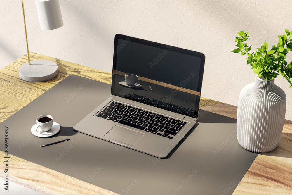 Poster a laptop on a desk with an empty screen, a cup of coffee, and a decorative vase near daylight. 3d re