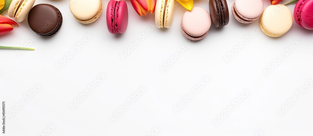 Poster tulips surrounding classic macaroons on a white backdrop, providing a copy space image.