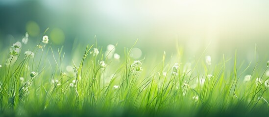 Fototapeta premium Close-up of green fresh flower grass with a soft focus, providing a vibrant and natural copy space image.