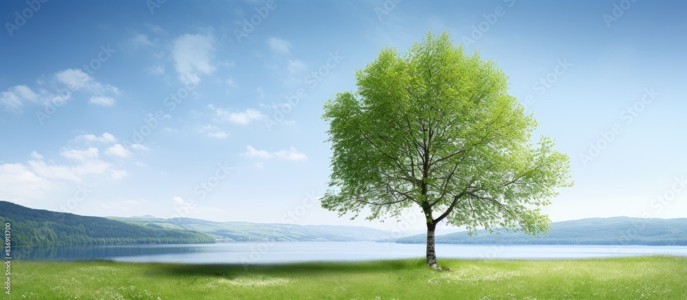 Poster a serene summer landscape showing a solitary birch tree against a scenic backdrop with vast copy spa