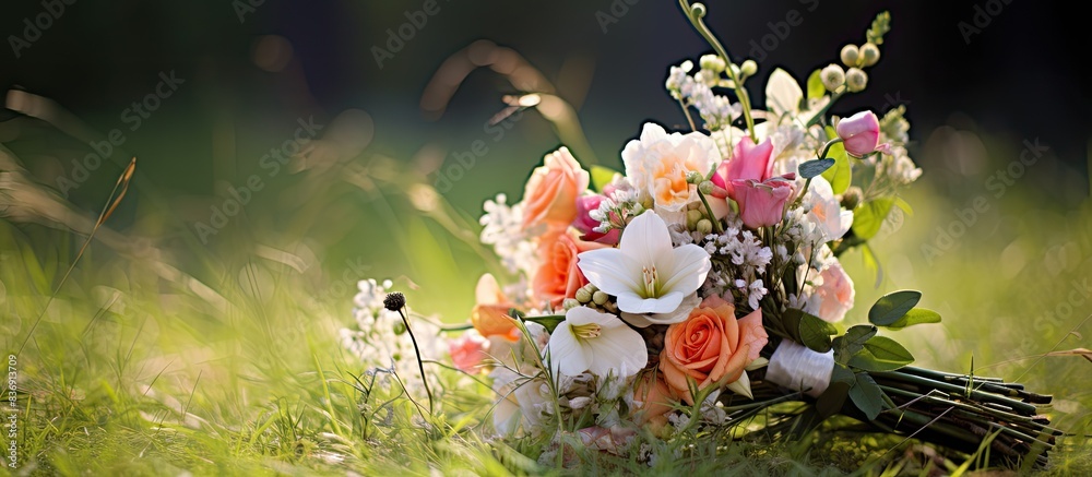 Poster bridal bouquet displayed against a grassy backdrop with copy space image.