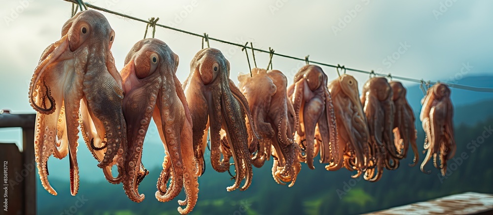 Poster squids are hanging to dry for sale at the market, with a background of empty copy space image.