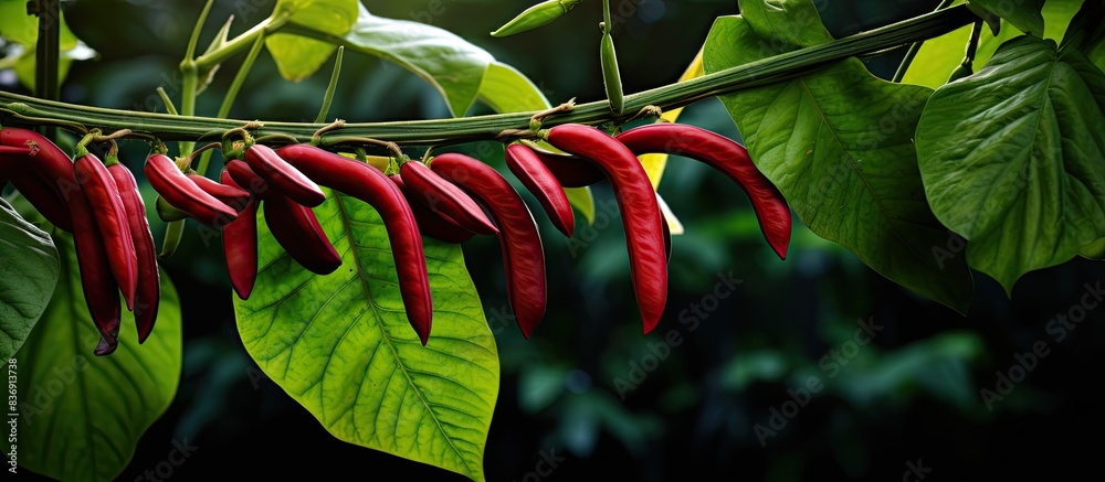 Poster long bean plant growing with vibrant colors in a lush garden setting in west java, with ample copy s