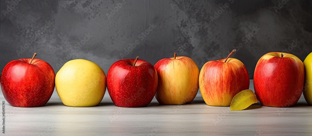Aufkleber Red and yellow apples displayed on a table with a grey background, ideal for a copy space image, emphasizing the concept of healthy eating.