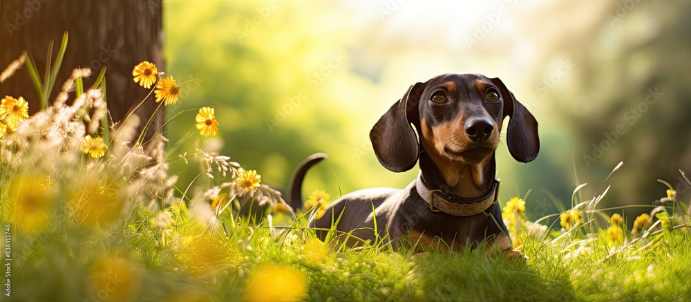 Poster dachshund enjoying a sunny garden with a copy space image available.