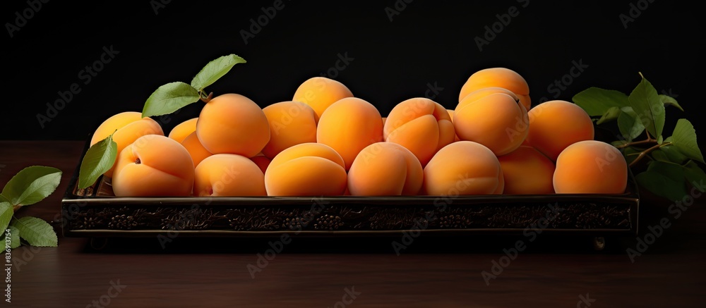 Poster apricots ripe for picking on a black tray against a dark background, with copy space image available