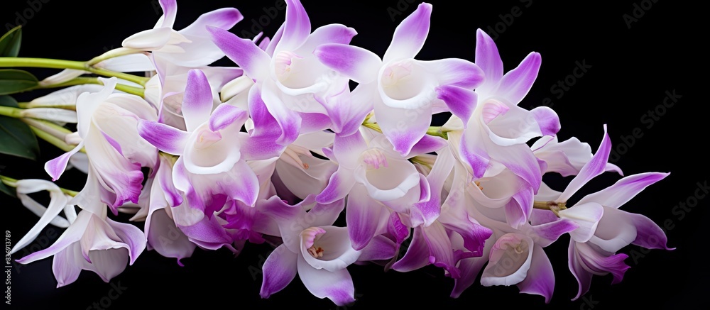 Poster dendrobium orchid displaying prominent white and purple hues, ideal as a focal point in a copy space